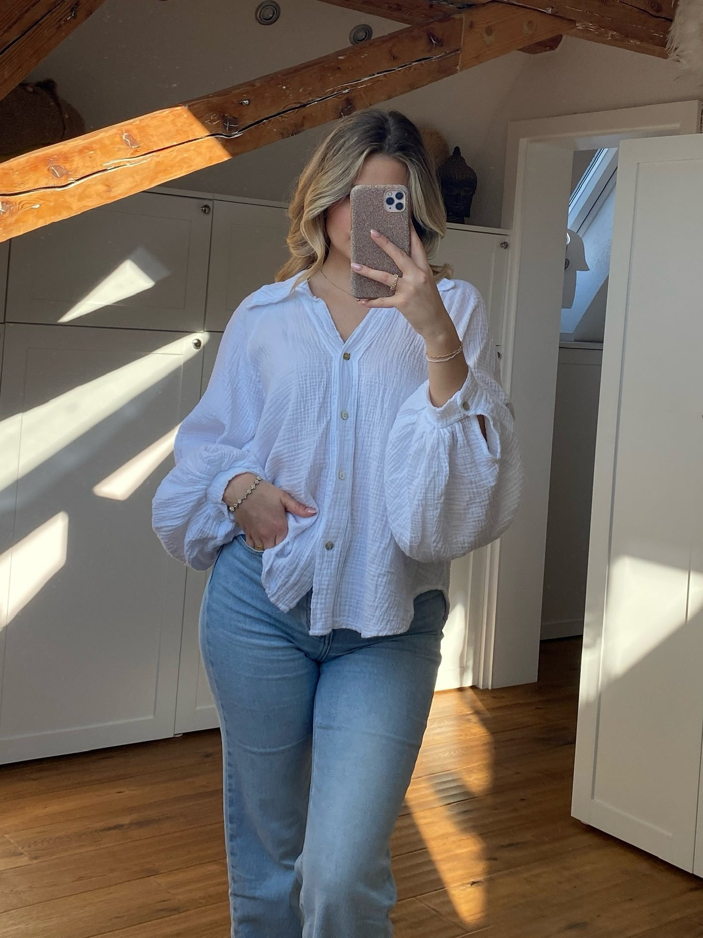 Musselin Bluse mit Ballonärmeln - weiß