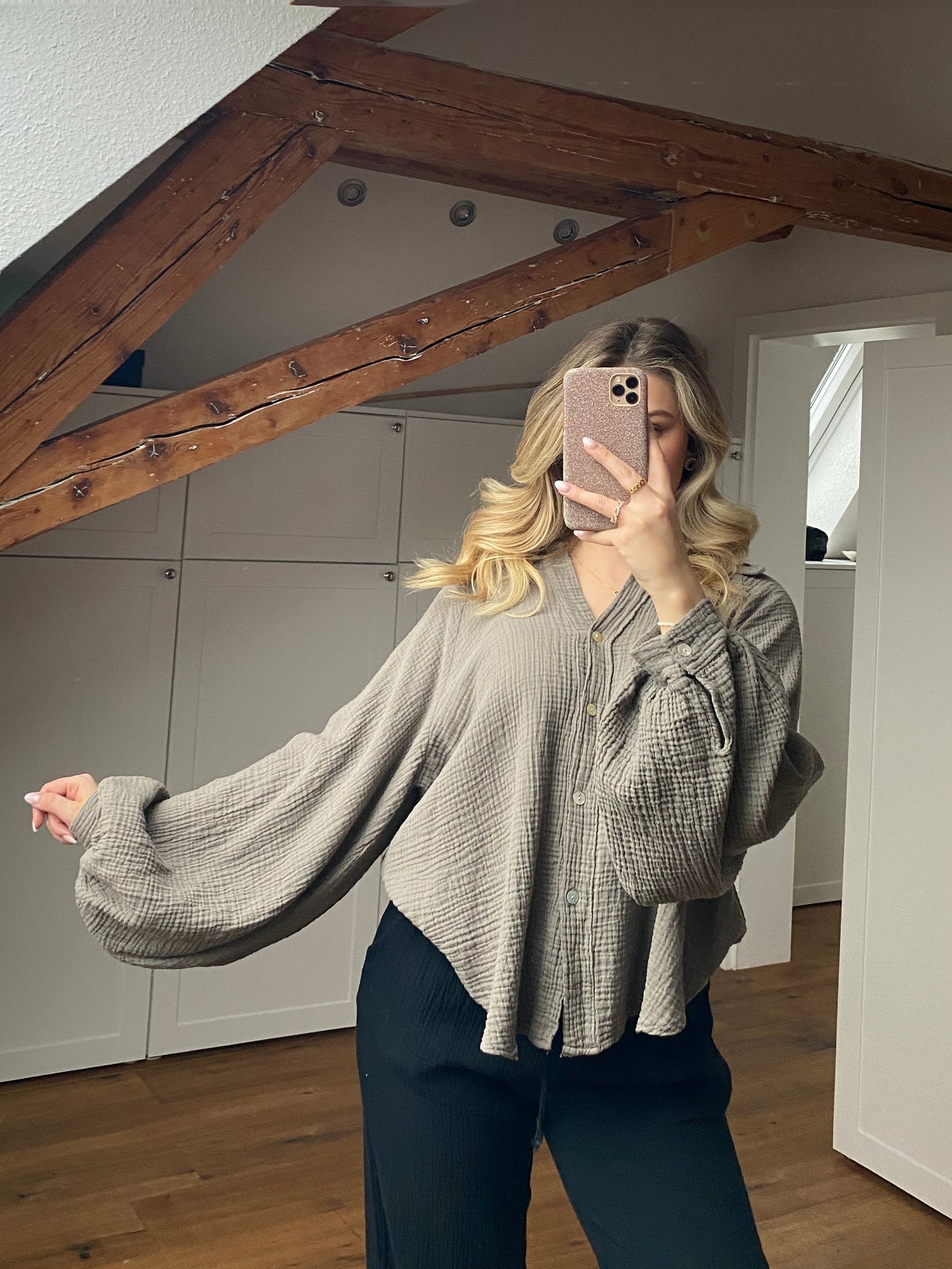 B-Ware Musselin Bluse mit Ballonärmeln - greige