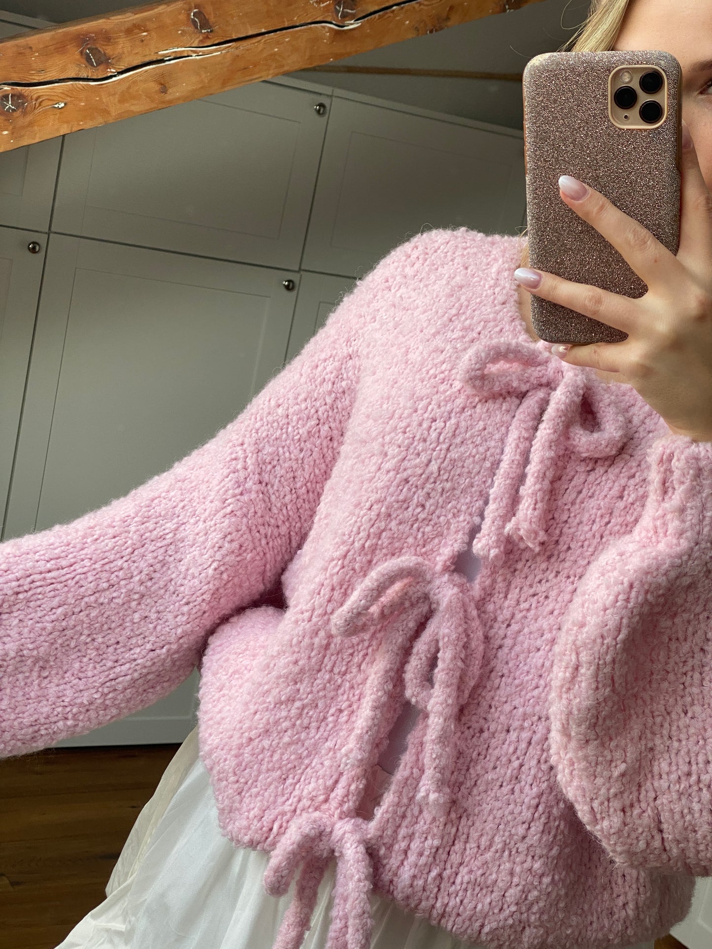 Bouclé Schleifchen Strickjacke - rosa