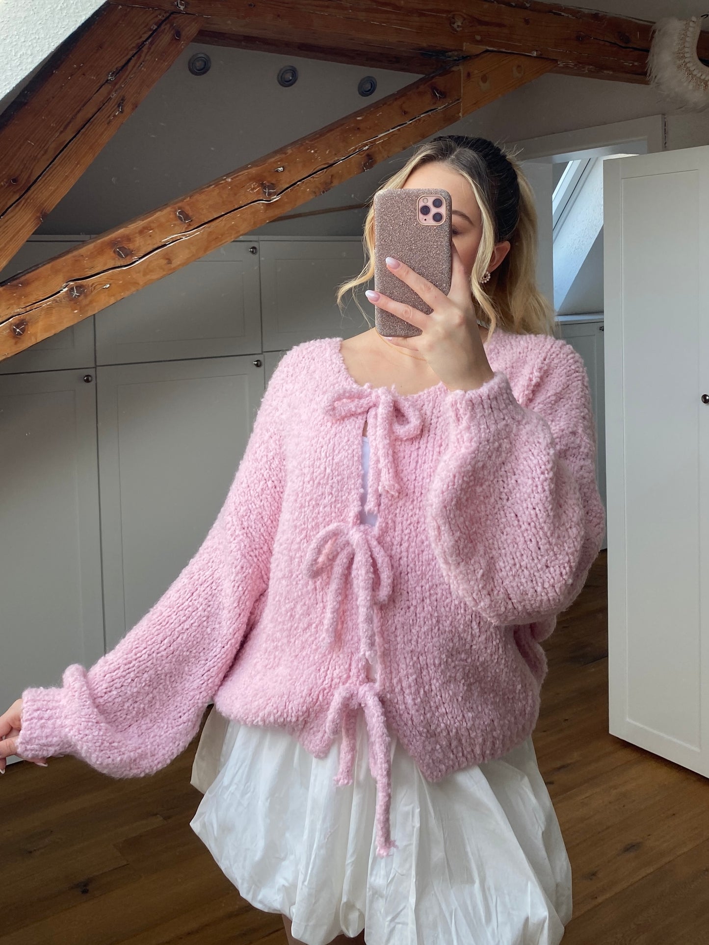 Bouclé Schleifchen Strickjacke - rosa