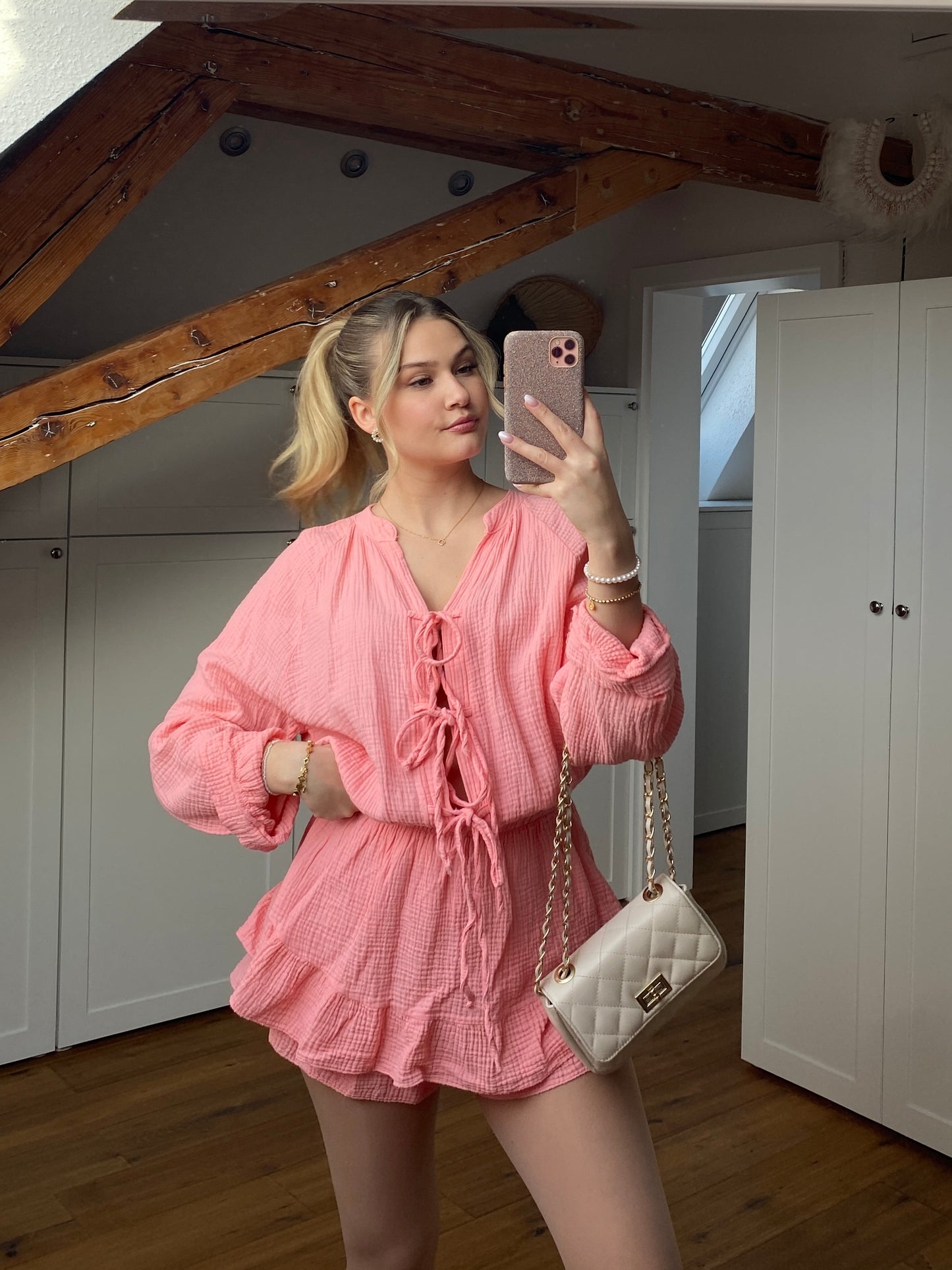 Musselin Schleifen Jumpsuit - Koralle