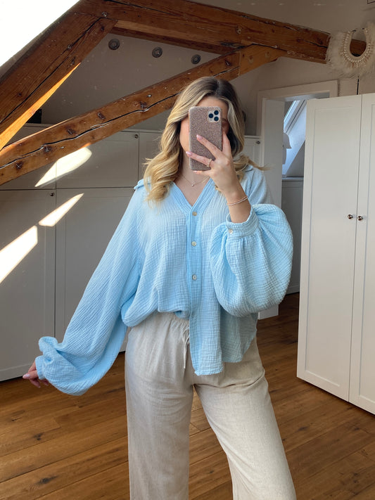 Musselin Bluse mit Ballonärmeln - hellblau