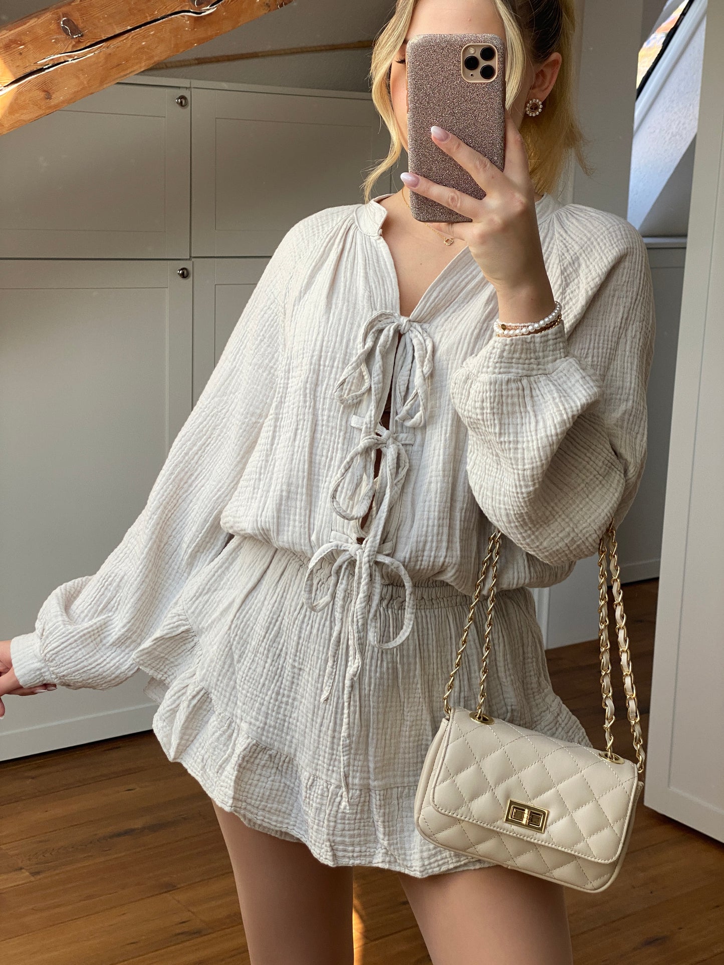 Musselin Schleifen Jumpsuit - creme