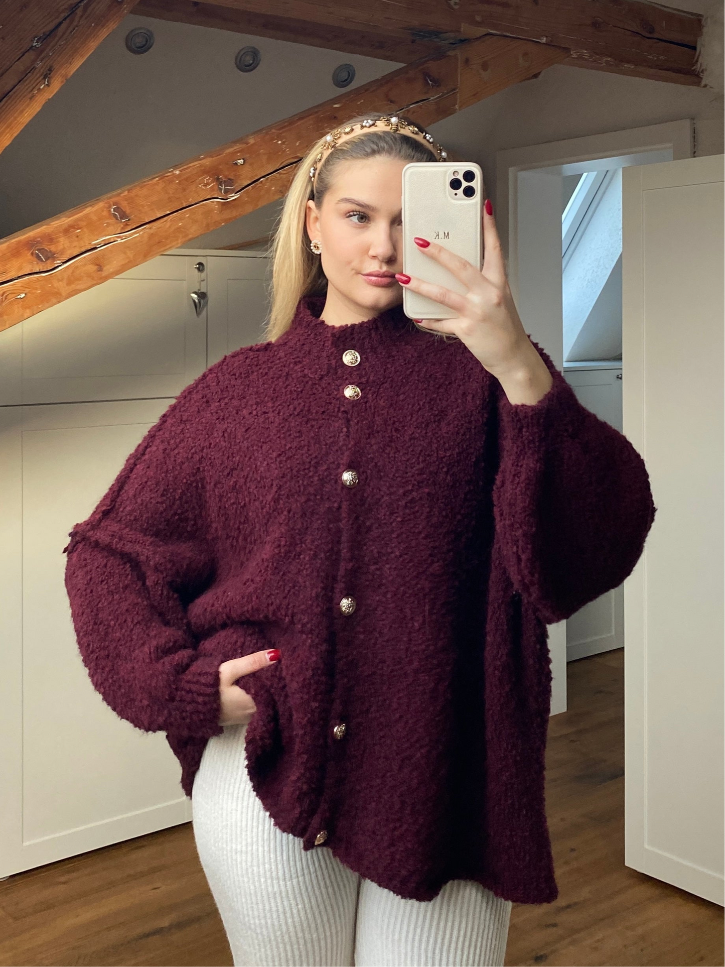 Bouclé Strickjacke Bordeaux