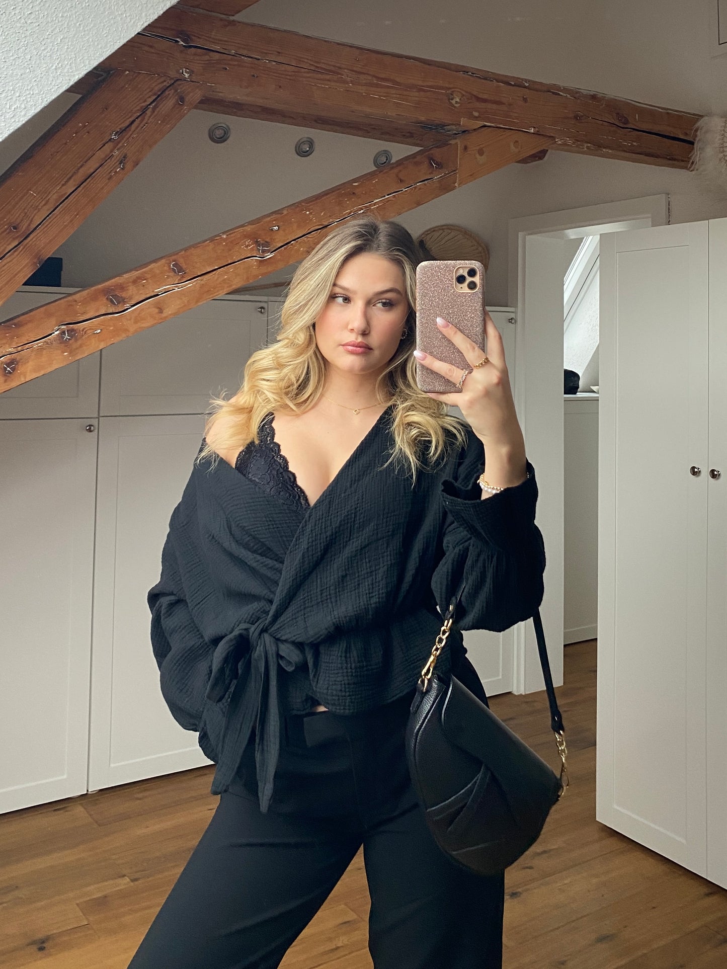 Musselin Wickelbluse - schwarz