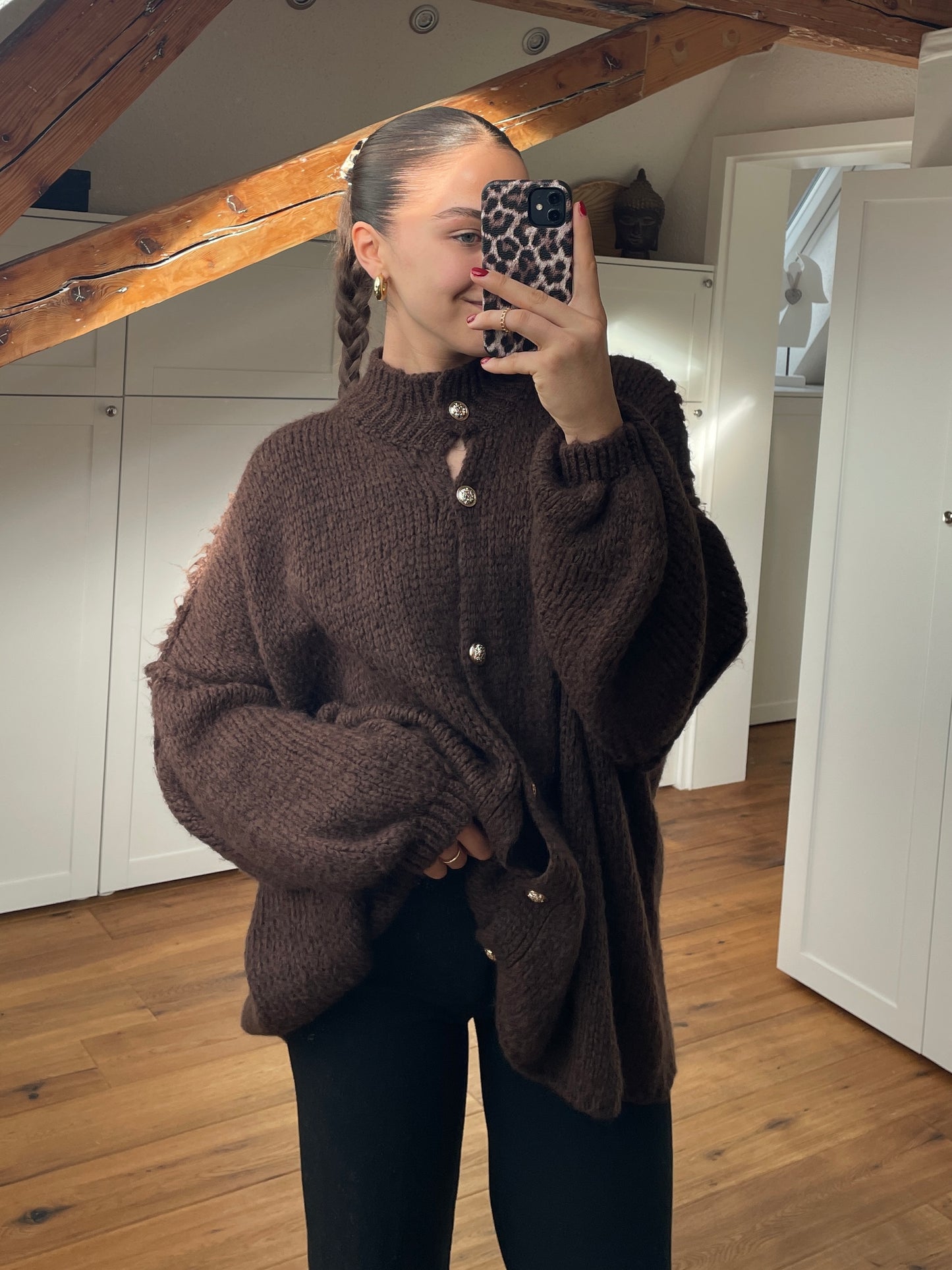 Cozy long Strickjacke - Schoko
