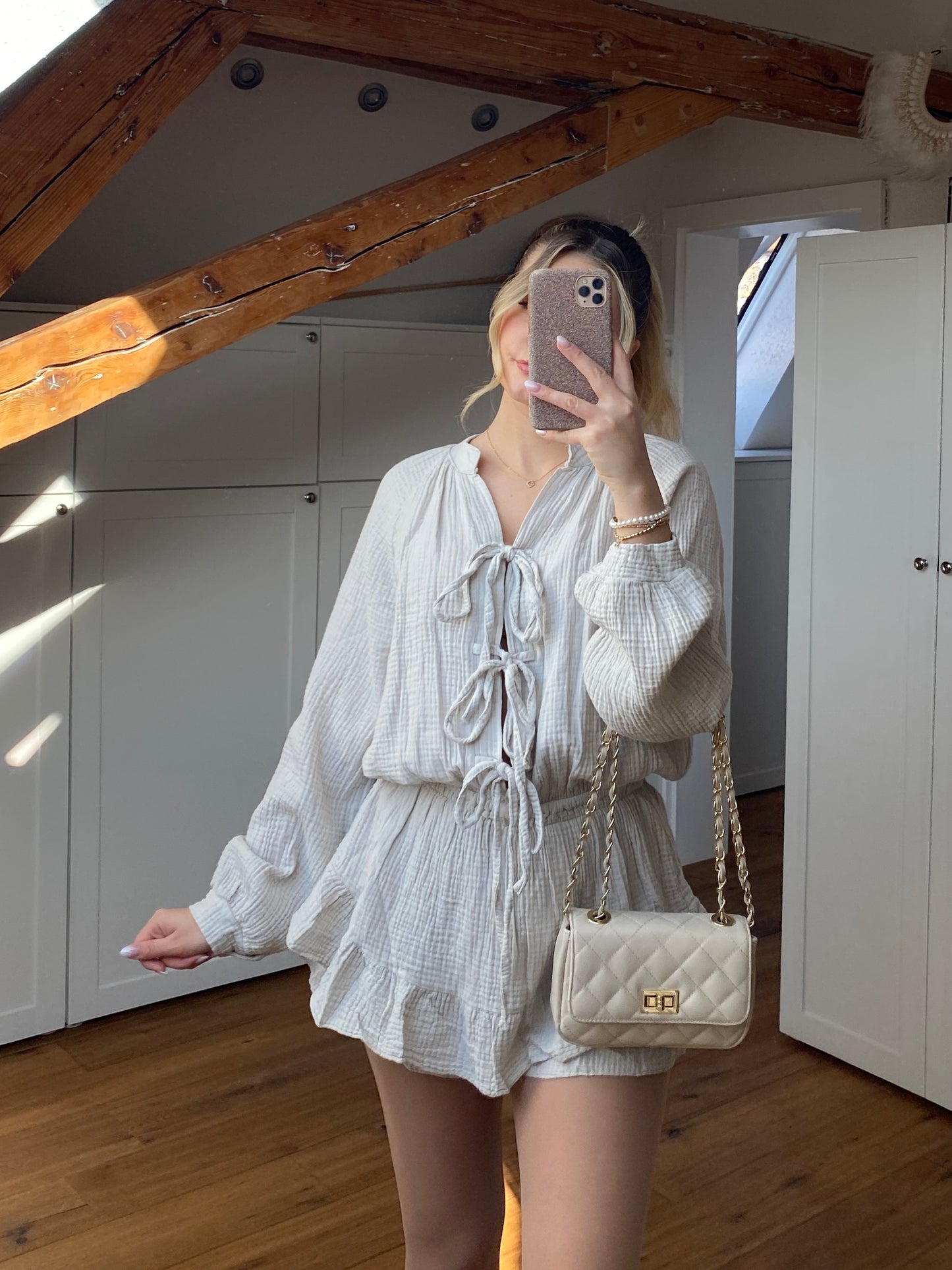 Musselin Schleifen Jumpsuit - creme