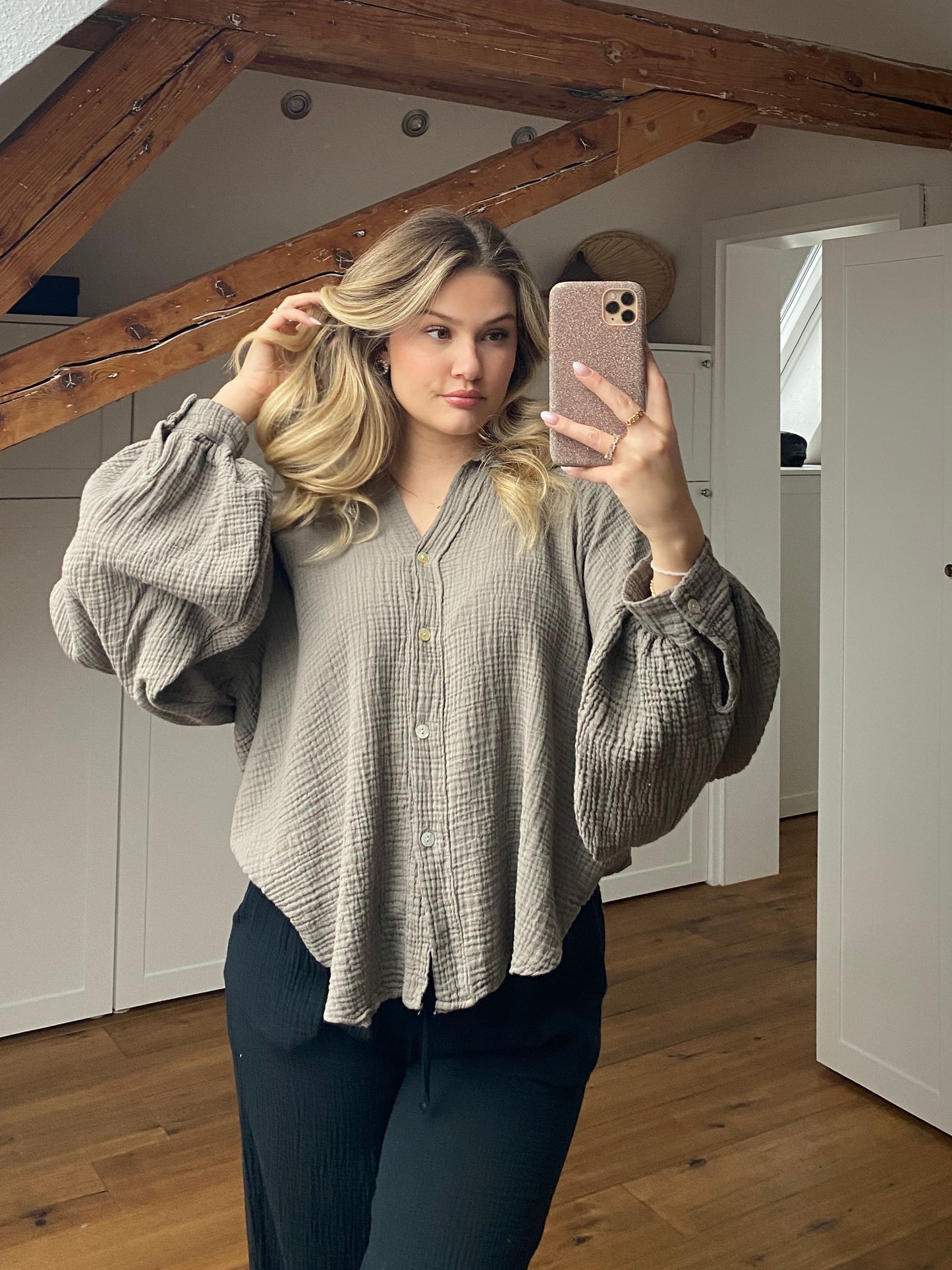 B-Ware Musselin Bluse mit Ballonärmeln - greige