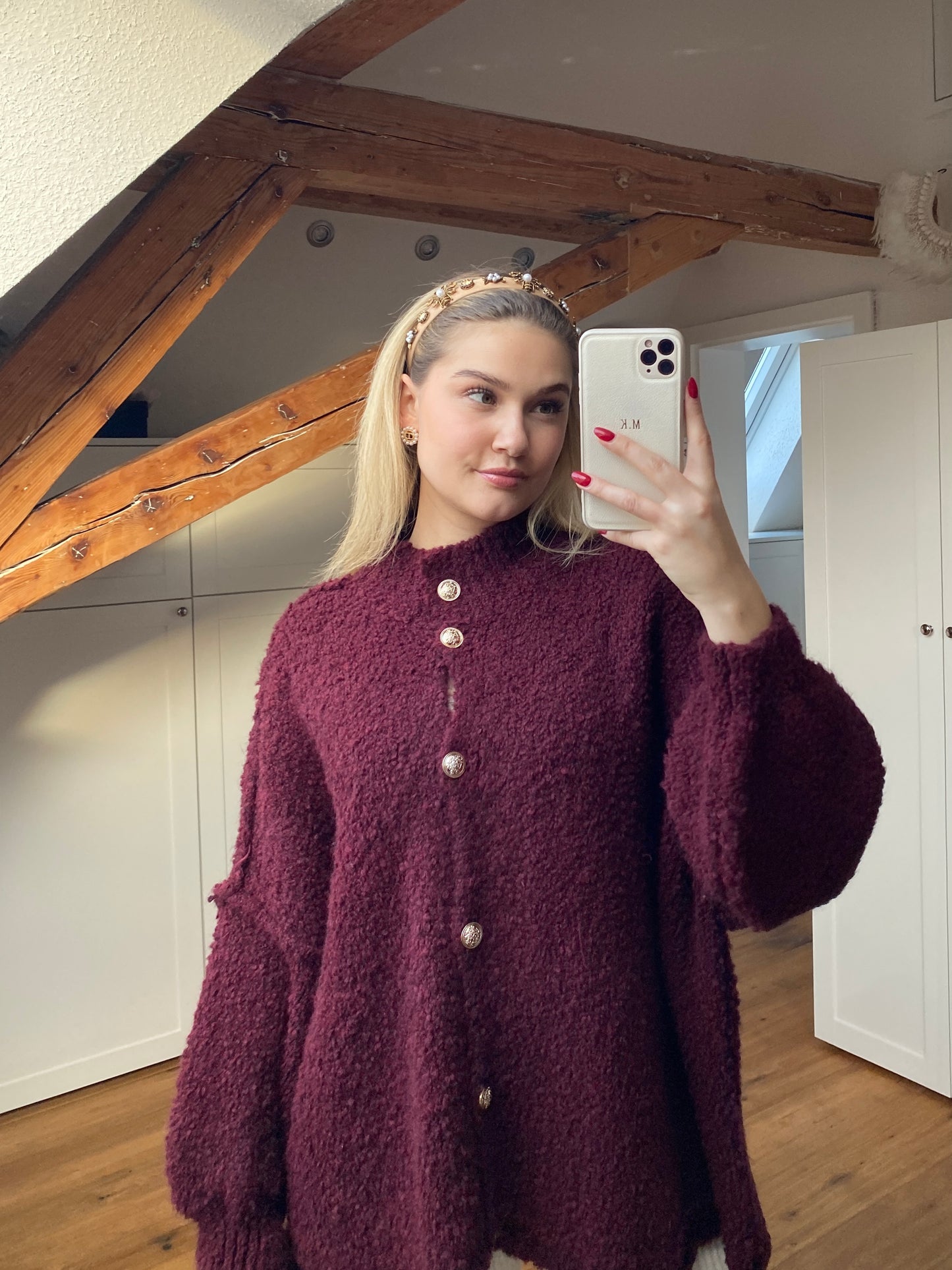Bouclé Strickjacke Bordeaux