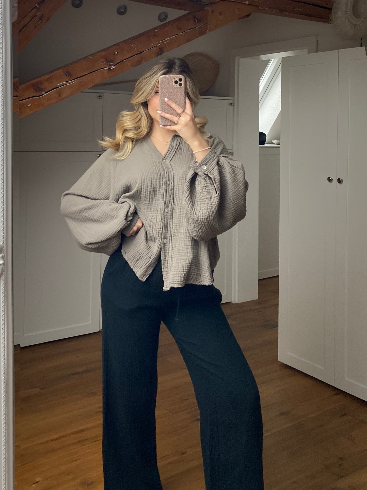 B-Ware Musselin Bluse mit Ballonärmeln - greige