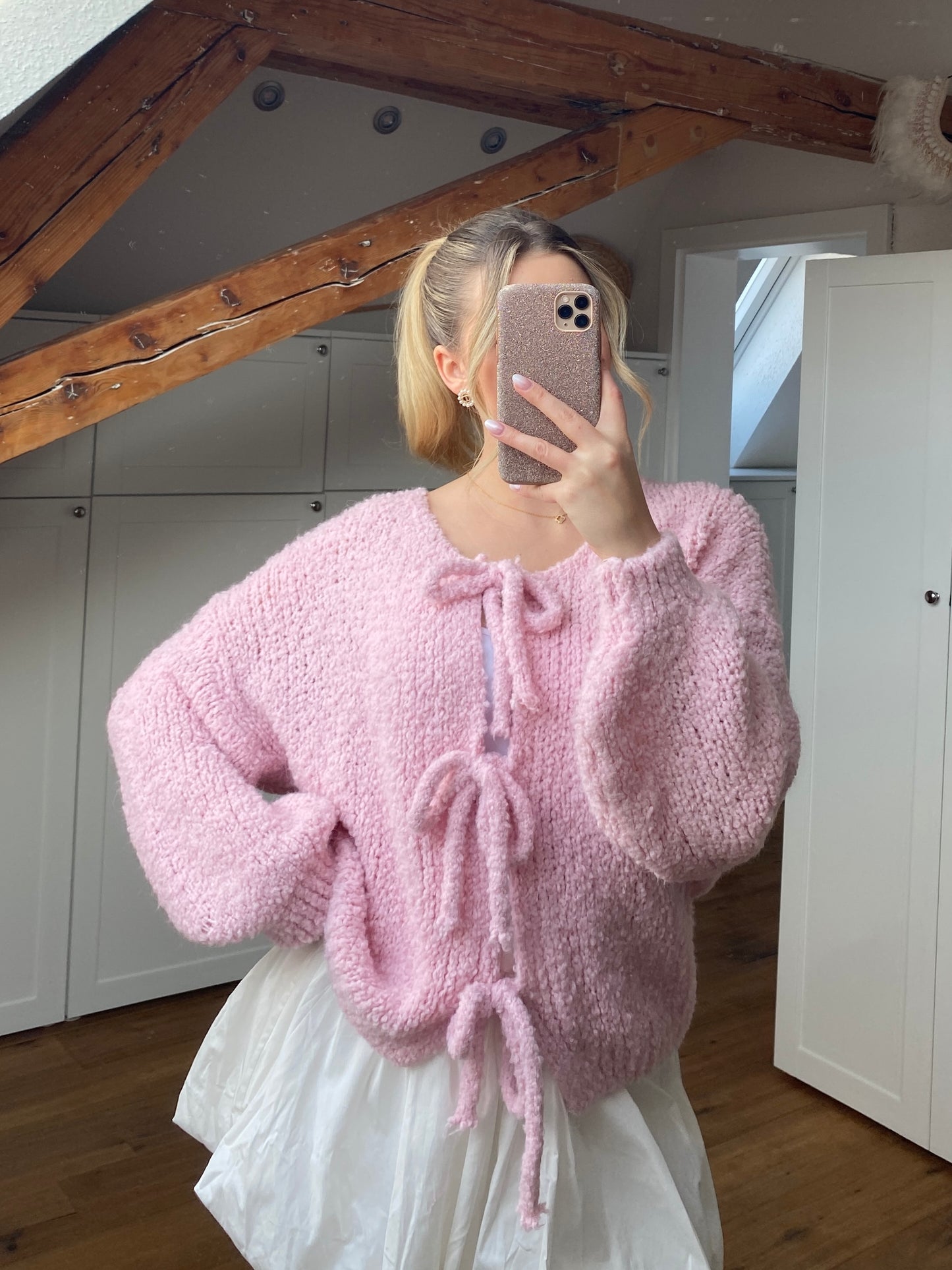 Bouclé Schleifchen Strickjacke - rosa