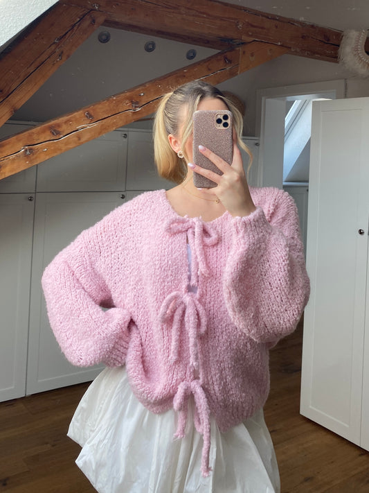 Bouclé Schleifchen Strickjacke - rosa