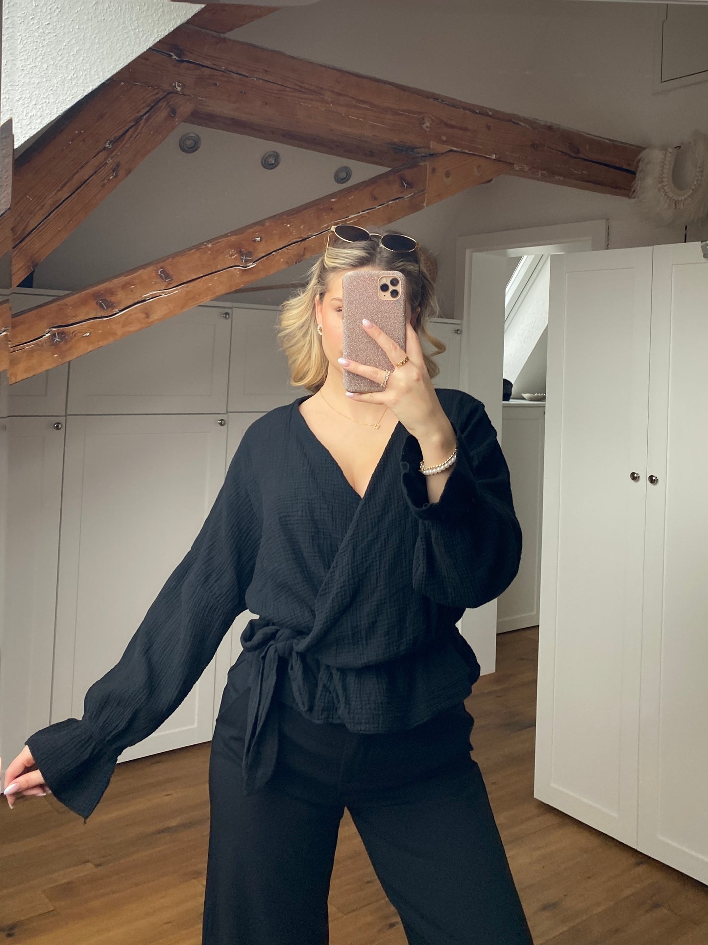 Musselin Wickelbluse - schwarz