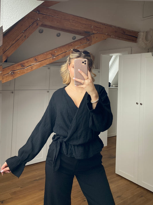 Musselin Wickelbluse - schwarz
