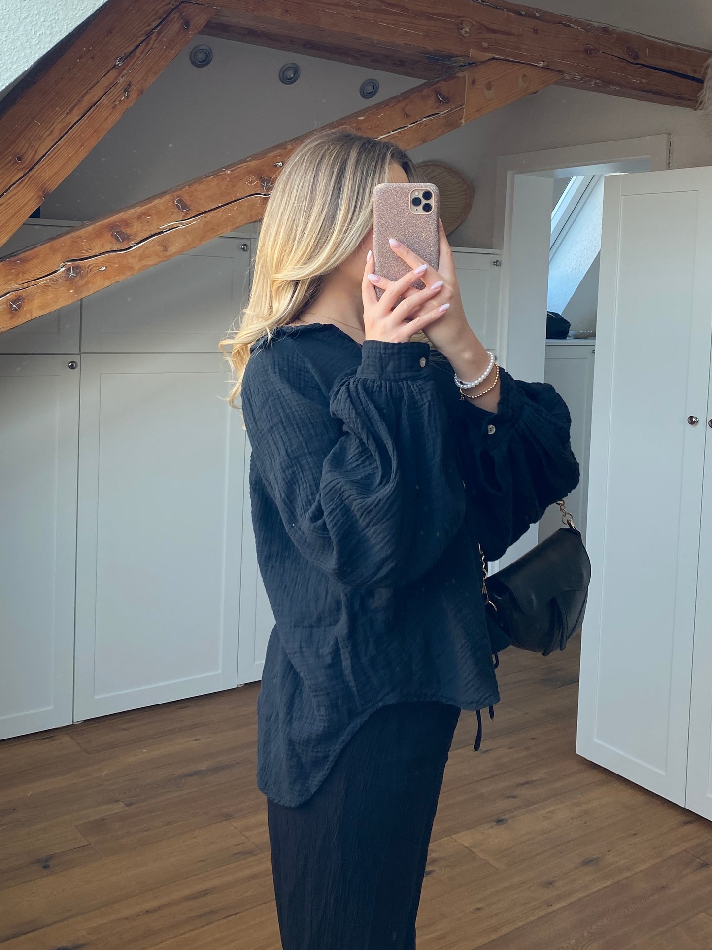 Musselin Bluse mit Ballonärmeln - schwarz