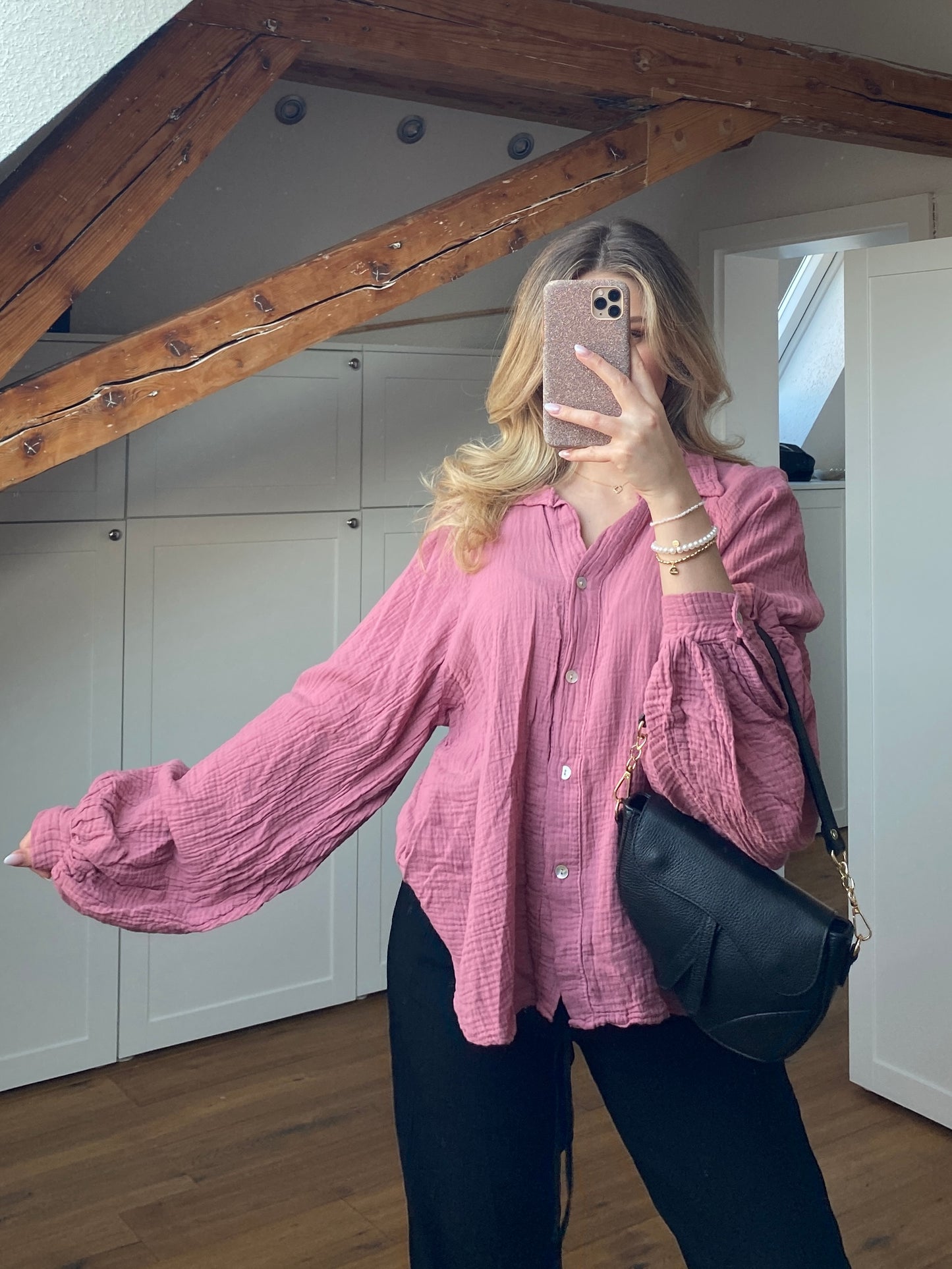 Musselin Bluse mit Ballonärmeln - Beere