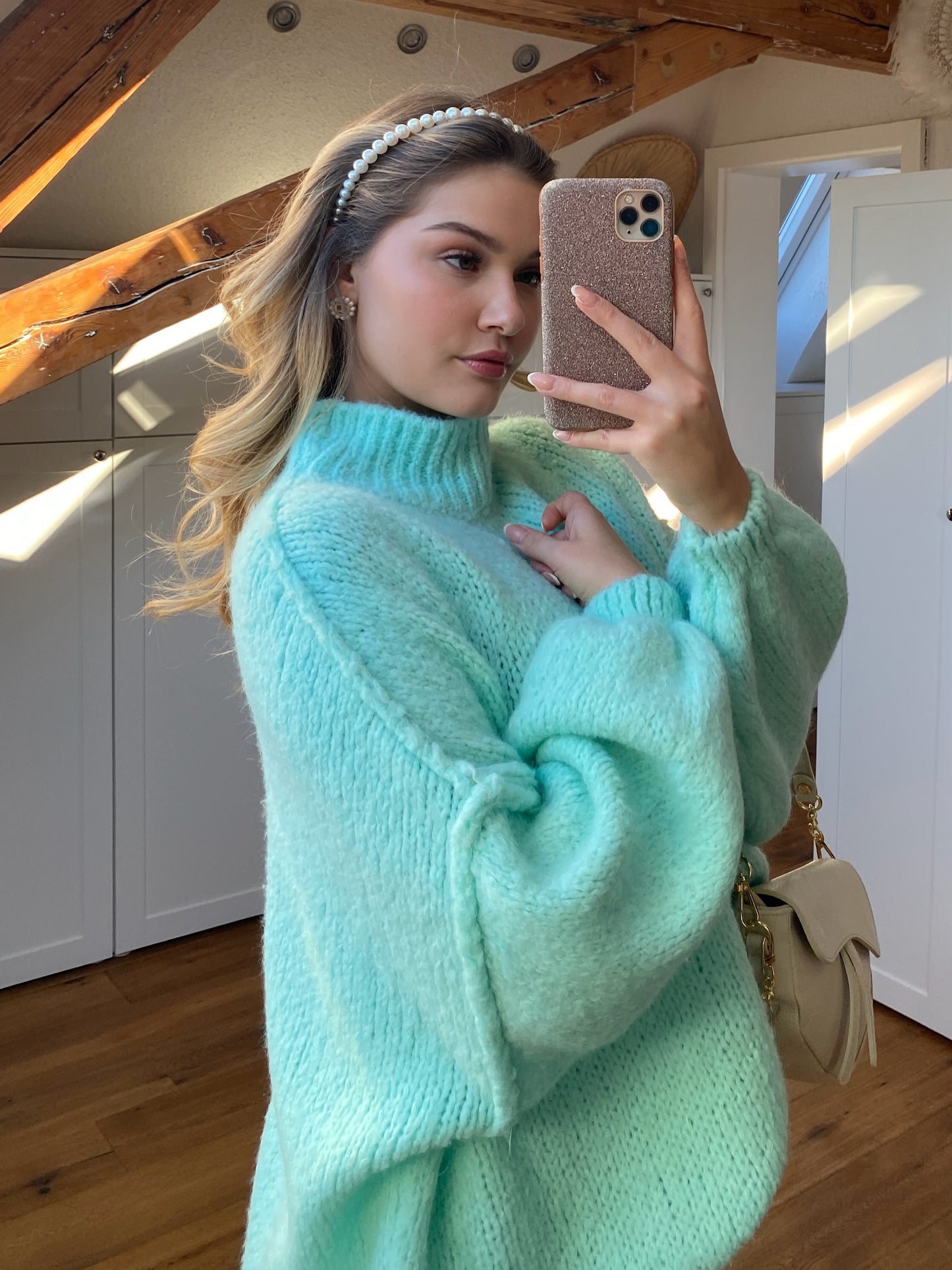 Cozy long Strickpullover - Türkis