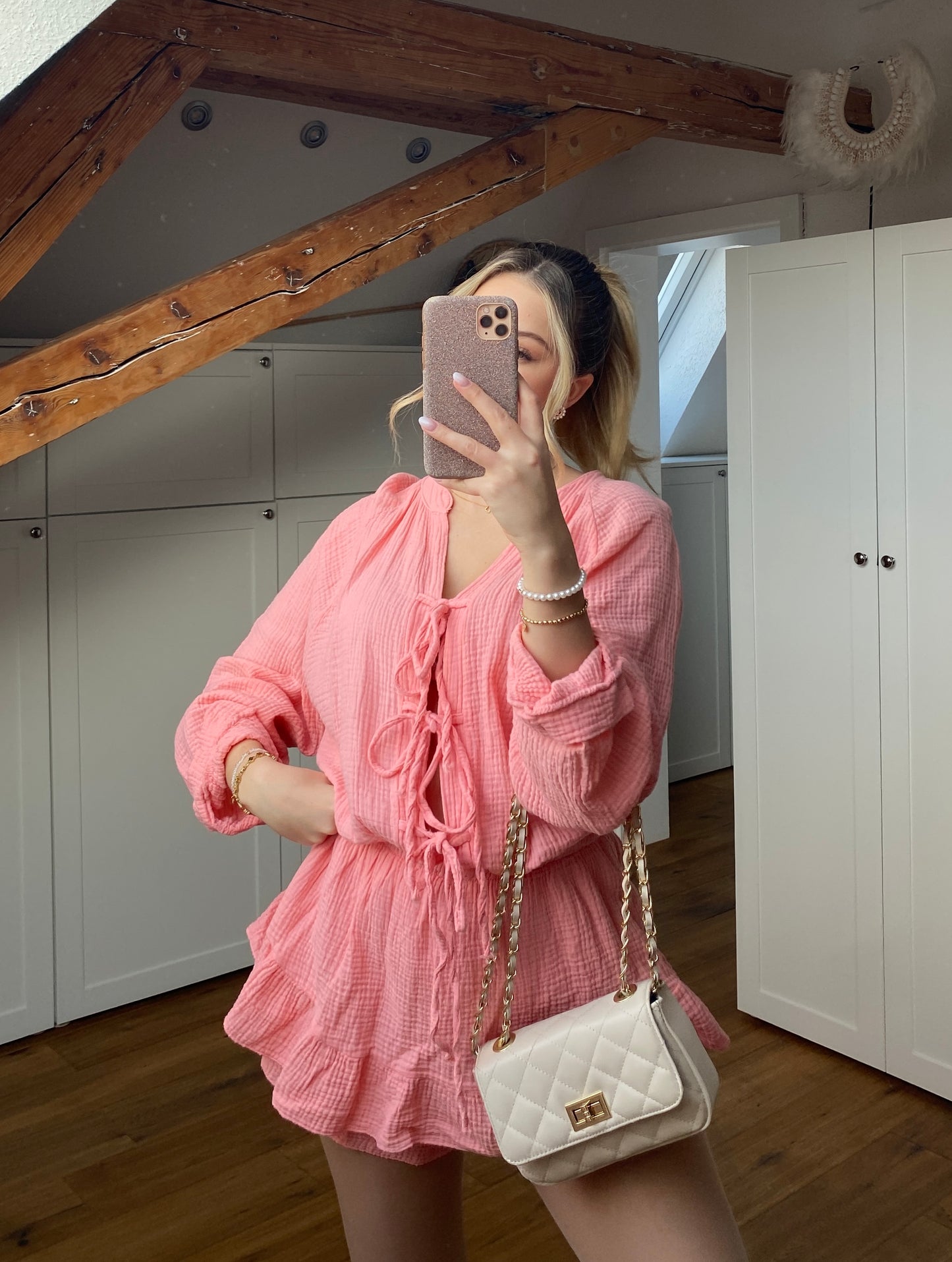Musselin Schleifen Jumpsuit - Koralle