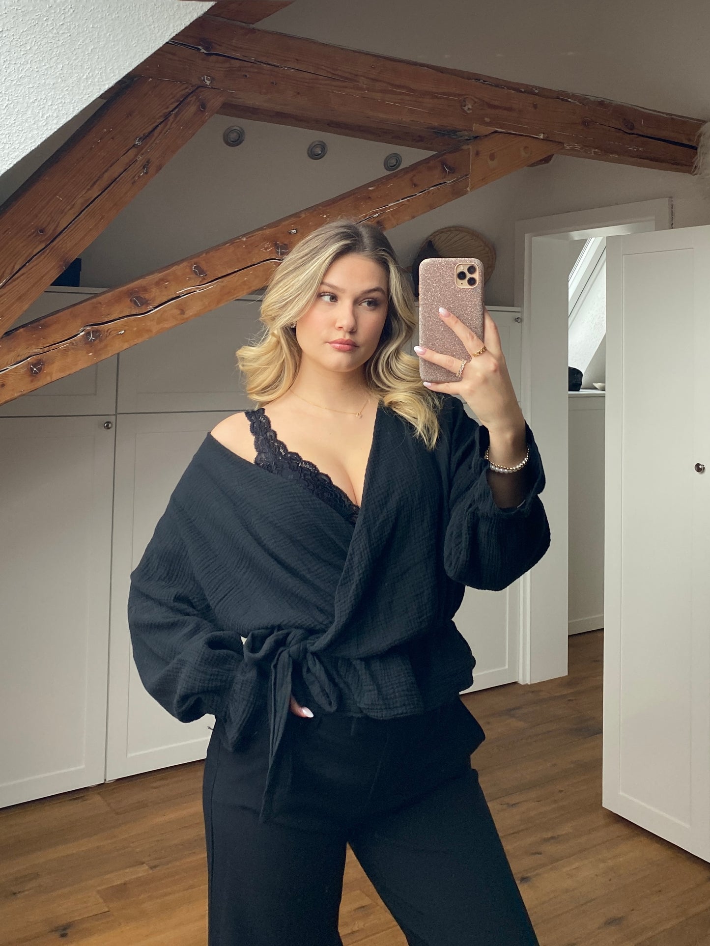 Musselin Wickelbluse - schwarz