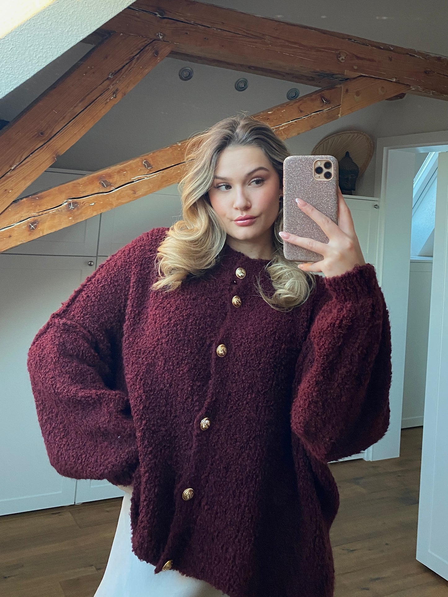 Bouclé Strickjacke Bordeaux