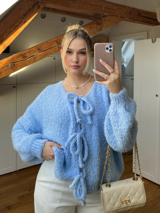 Bouclé Schleifchen Strickjacke - hellblau