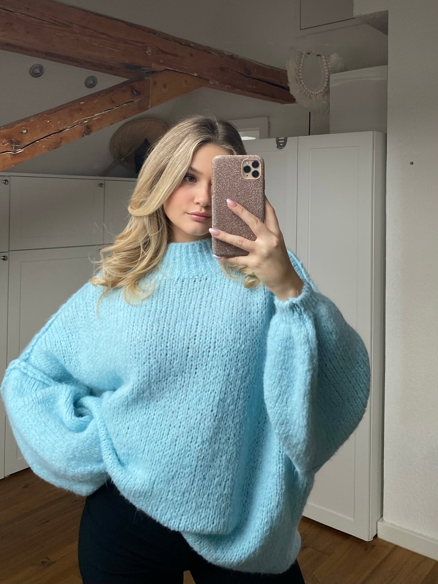 Cozy long Strickpullover - Hellblau