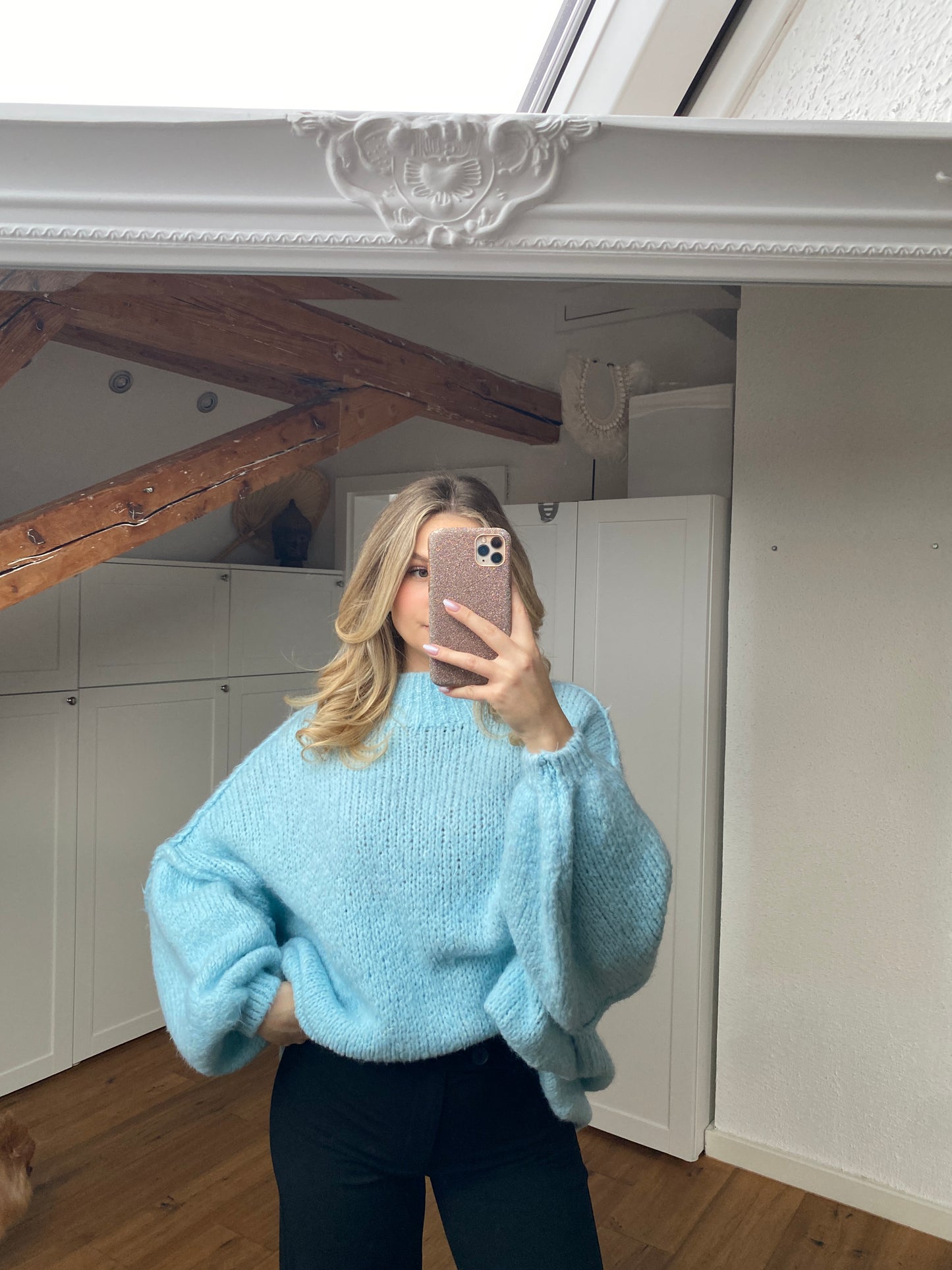 Cozy long Strickpullover - Hellblau