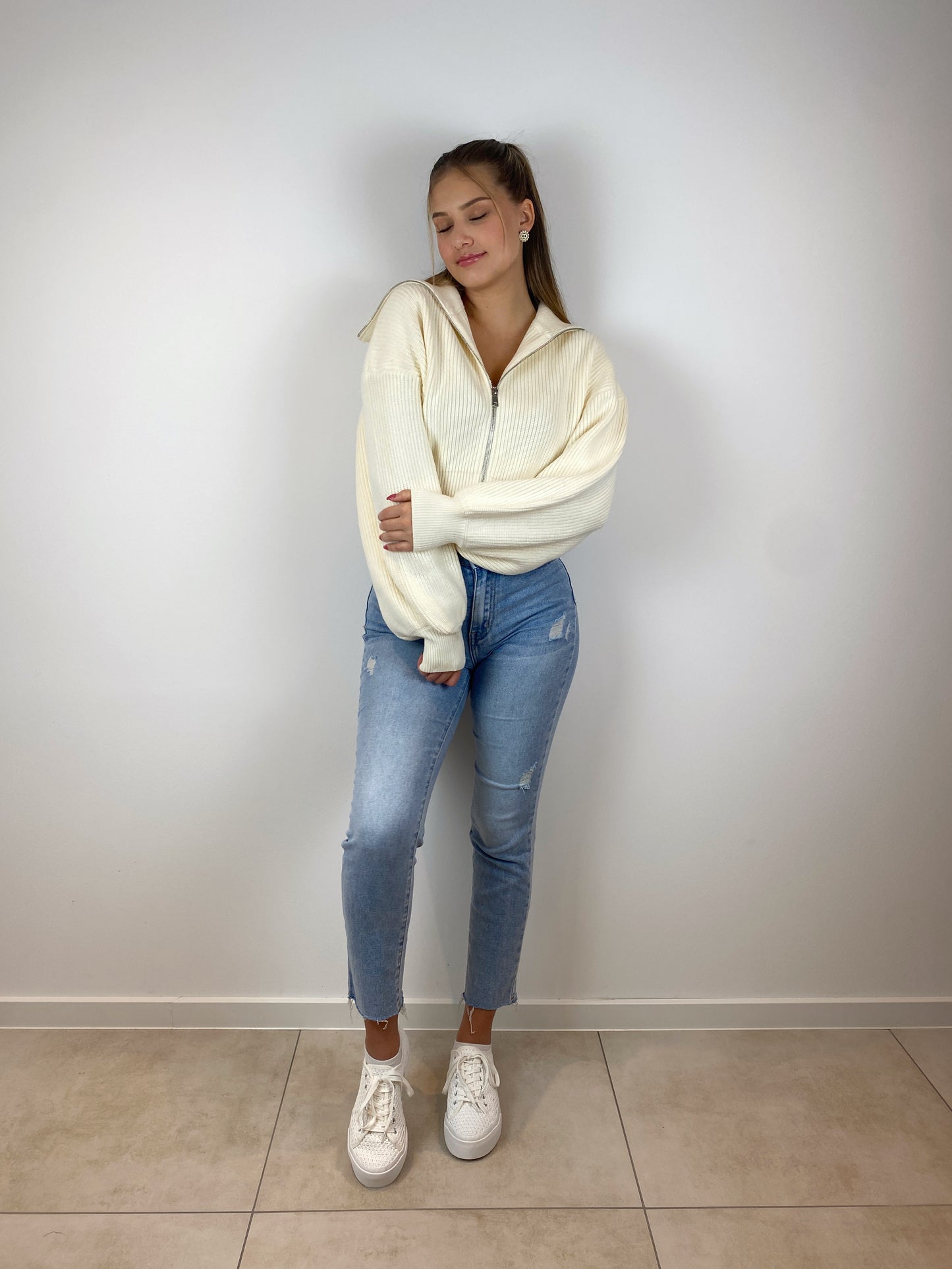 Zip Strick Sweater creme