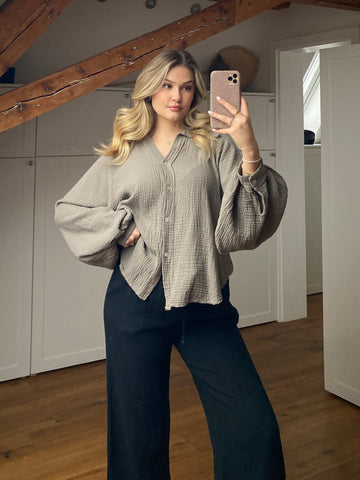 B Ware Musselin Bluse mit Ballonärmeln - greige