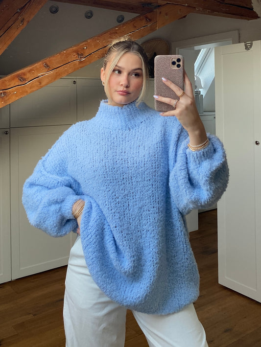 Bouclé long Strickpullover - hellblau