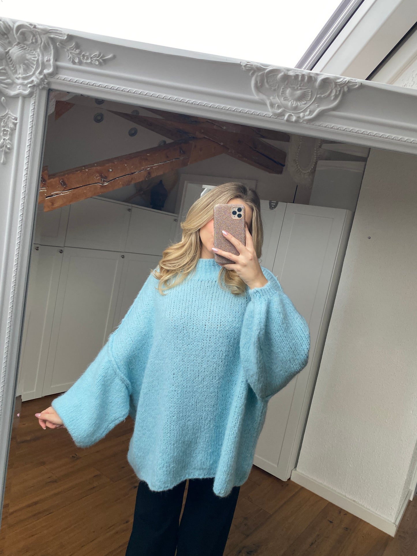 Cozy long Strickpullover - Hellblau