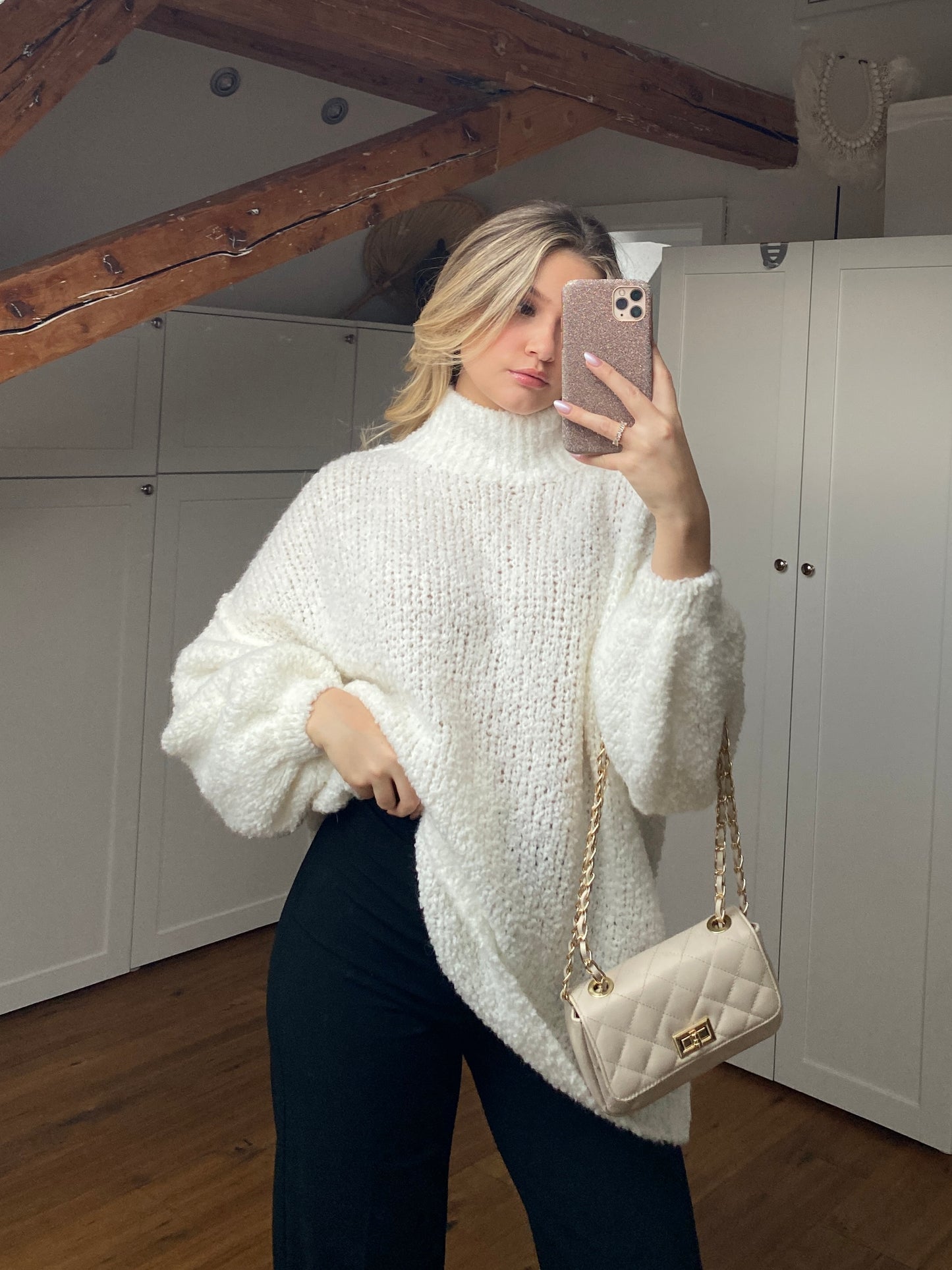 Bouclé long Strickpullover - weiß