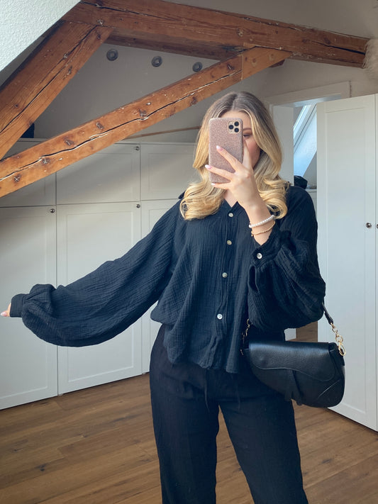 Musselin Bluse mit Ballonärmeln - schwarz