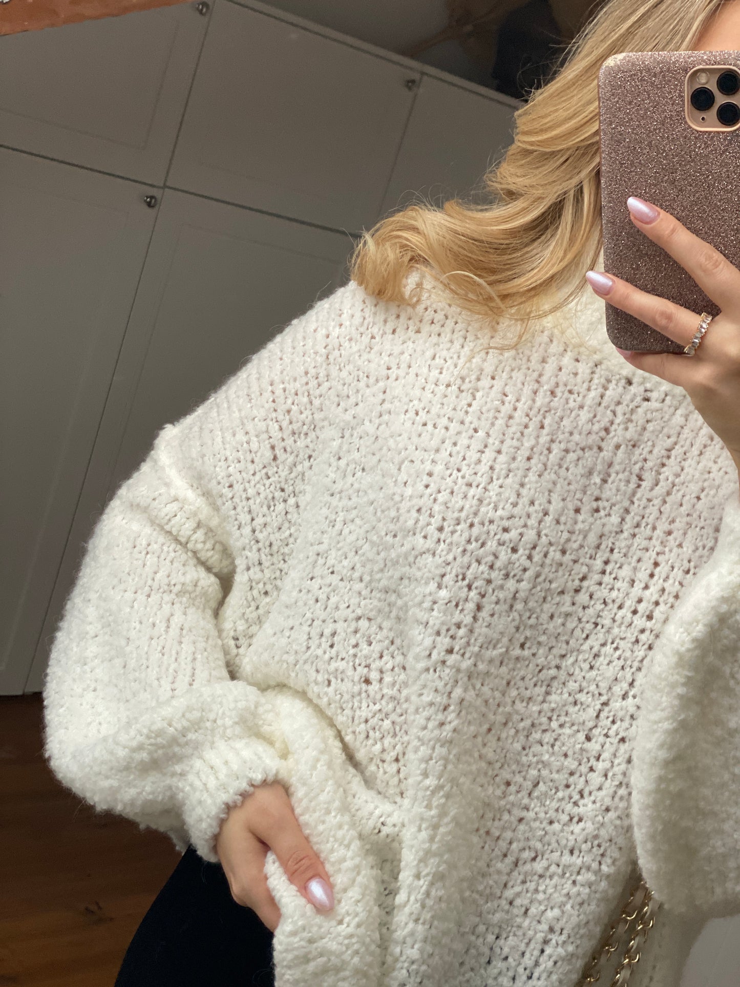 Bouclé long Strickpullover - weiß