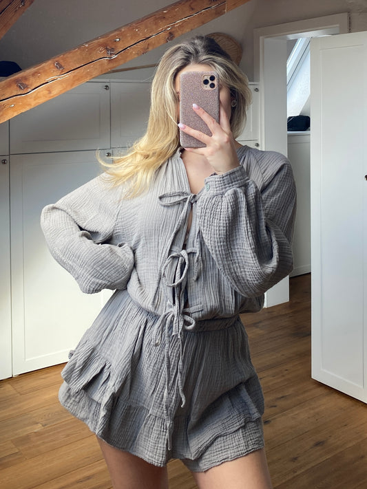 Musselin Schleifen Jumpsuit - greige