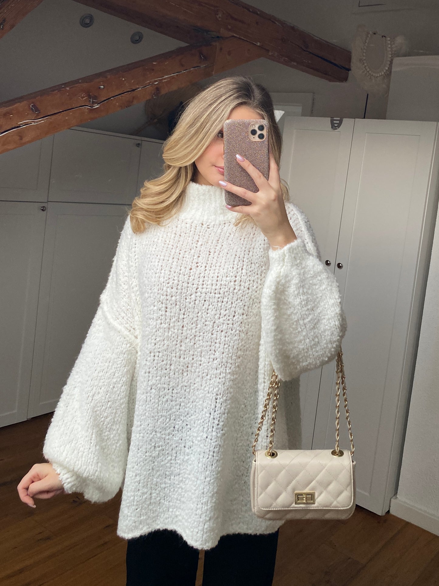 Bouclé long Strickpullover - weiß