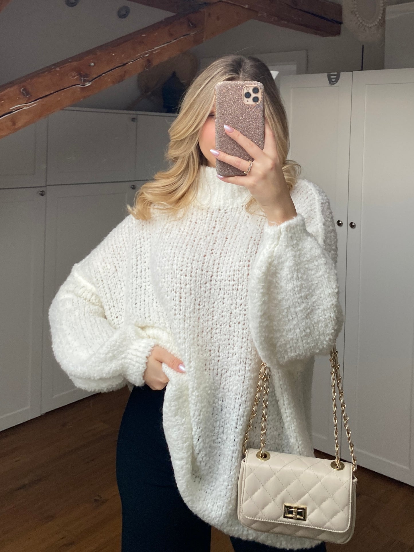 Bouclé long Strickpullover - weiß