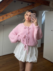 Bouclé Schleifchen Strickjacke - rosa