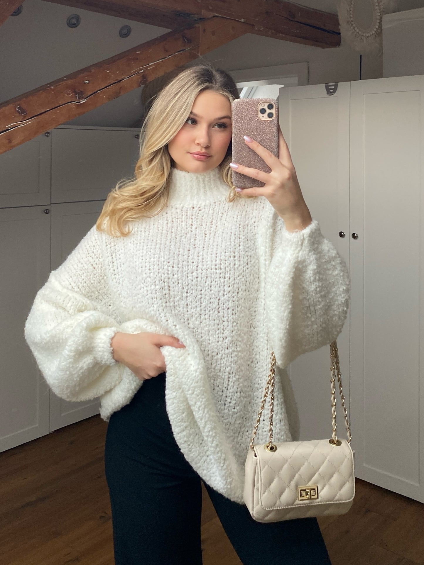 Bouclé long Strickpullover - weiß